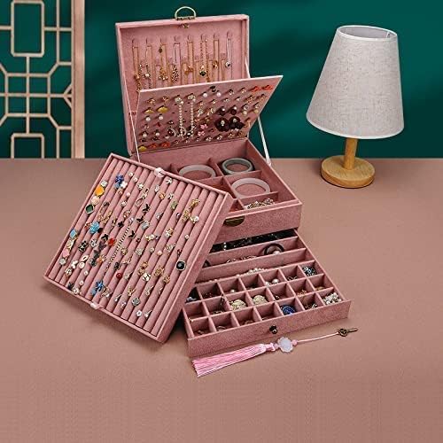 Jewelry Organizer 5 Layers Velvet Square Jewelry Box Women Necklace Ear studs Display Bangles Large Jewelry Storage Case Drawer GY306 (Pink) - Image 7