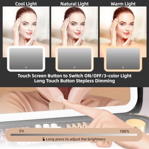 15''X11'' Large Capacity Makeup Bag with LED Mirror, Professional Makeup Case Organizer with 3 Color Light Adjustable Brightness, Travel Make up Cosmetic Case with Detachable Dividers & Shoulder Strap - Image 2
