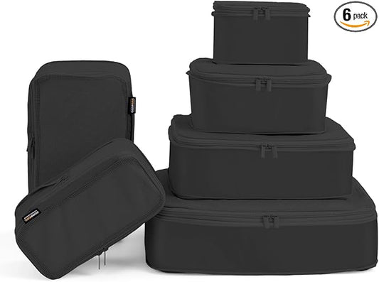 Compression Packing Cubes for Travel, 6-Piece Set (Large/Medium/Small), Double-Zip Luggage Organizers for Suitcase & Carry-On, Clothes Storage Bags (Pure Black, 6 Pack) by SOARSAIL