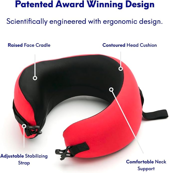 C CUSHION LAB Travel Pillow, Award-Winning Patented Ergonomic Design for Chin & Neck Support Memory Foam Neck Pillow, Compact Airplane Pillow for Traveling, Flight, Car (Bold Red, Medium) - Image 3