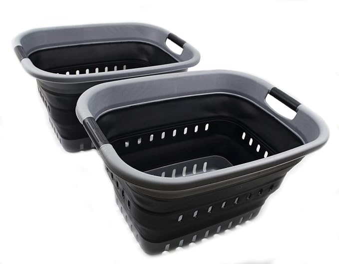 SAMMART 37L (9.77 gallon) Collapsible Plastic Laundry Basket - Foldable Pop Up Storage Container/Organizer - Portable Washing Tub - Space Saving Hamper/Basket (2, Grey/Black) by SAMMART