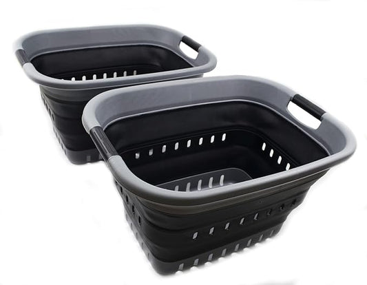 SAMMART 37L (9.77 gallon) Collapsible Plastic Laundry Basket - Foldable Pop Up Storage Container/Organizer - Portable Washing Tub - Space Saving Hamper/Basket (2, Grey/Black) by SAMMART