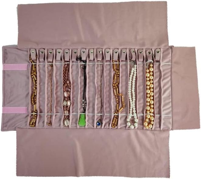 Travel Necklace Organizer, Tangle Free Jewelry Case, 16 Slots | Foldable, LightWeight Compact, Velvet Lining Jewelry Storage Bag for Chain Bracelet, Gift for Women Girls,Embroidery Pink - Image 2