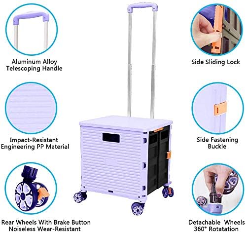Quick Utility Cart Folding Portable Rolling Crate Handcart with Durable Heavy Duty Plastic Telescoping Handle Collapsible 4 Rotate Wheels for Travel Shopping Moving Luggage Office Use (Purple) - Image 2