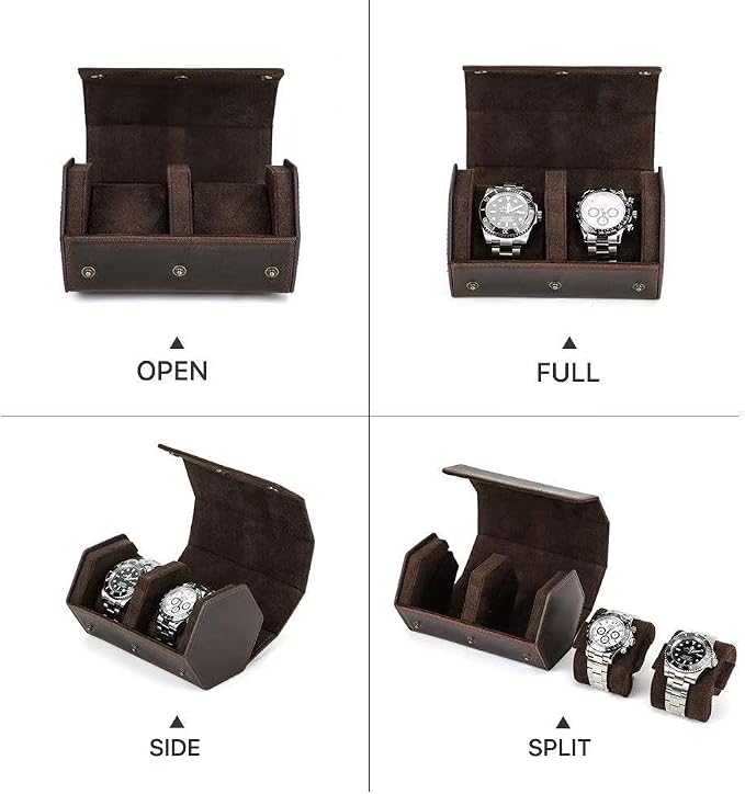 Genuine Leather Watch Roll Travel Case, Vintage Full Grain Leather Hexagon Watches Storage Organizer with Display Removable Pillows & Solid Dividers for Home Storage &Display (2 Slot) - Image 3