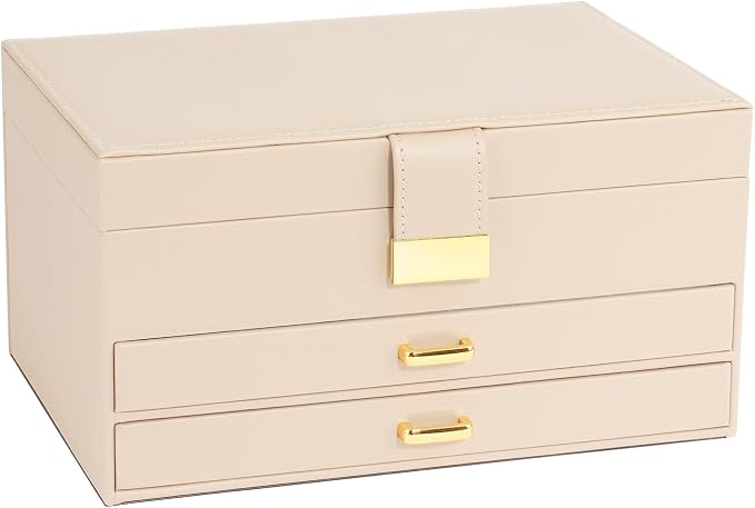 Jewelry Box, 3-Tier with 2 Drawers, Beige, Modern, Women's Jewelry Organizer - Image 2