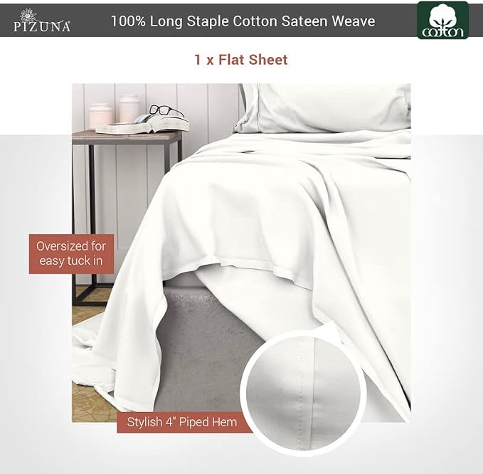 Pizuna Pure 100% Cotton Flat Sheets Only King Off White (1 PC), Luxurious 400 Thread Count Long Staple Cotton Sateen with 4inch Hem (Combed King Flat Sheet Only Cotton) - Image 3