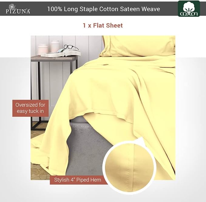 Pizuna Pure 100% Cotton Queen Flat Sheet only Mellow Yellow, Luxurious 400 Thread Count Long Staple Cotton Sateen Flat Bed Sheets Queen Size (Combed Cotton Flat Sheet -1PC) - Image 3