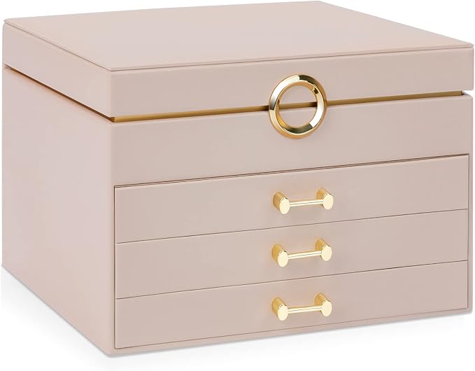 Large Jewelry Box, 4-Layer Leather Organizer, Apricot | 3 Drawers, Display Case, For Women Girls - Image 2