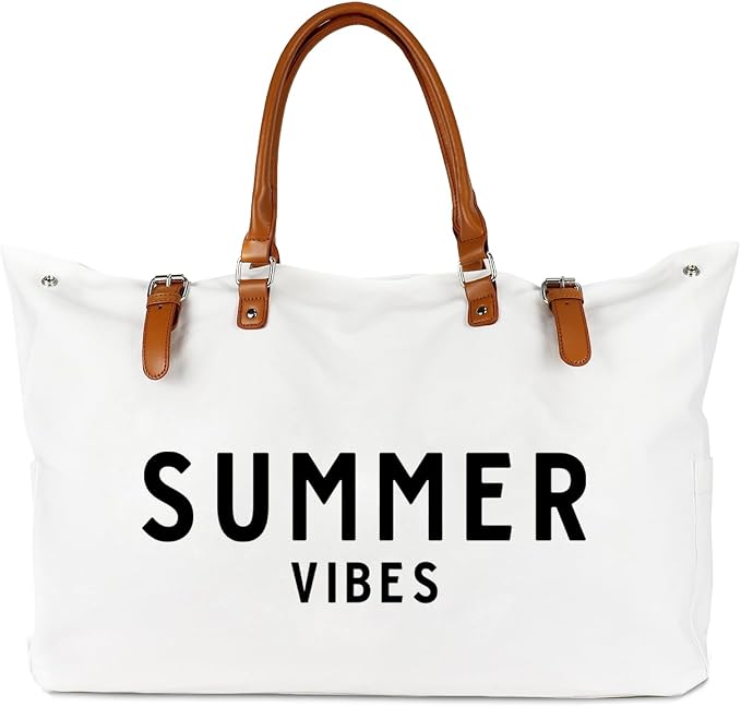 Lamyba Beach Bag with Vegan Leather Handle, Extra Large Beach Bag for Women Waterproof Sandproof, White | with Vegan Leather Handle - Image 8