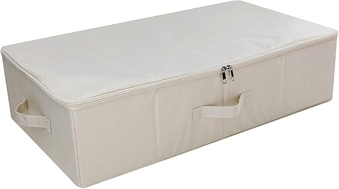 Folding Underbed Shoes Clothes Storage Organizer Basket with Zip Lid,Beige | Underbed Clothes Organizer Basket, Garment Storage Boxes, folding washable rigid sturdy storage bins for clothing shoes duvet by iwillCREATEPRO
