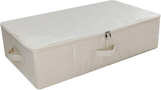 Folding Underbed Shoes Clothes Storage Organizer Basket with Zip Lid,Beige | Underbed Clothes Organizer Basket, Garment Storage Boxes, folding washable rigid sturdy storage bins for clothing shoes duvet by iwillCREATEPRO
