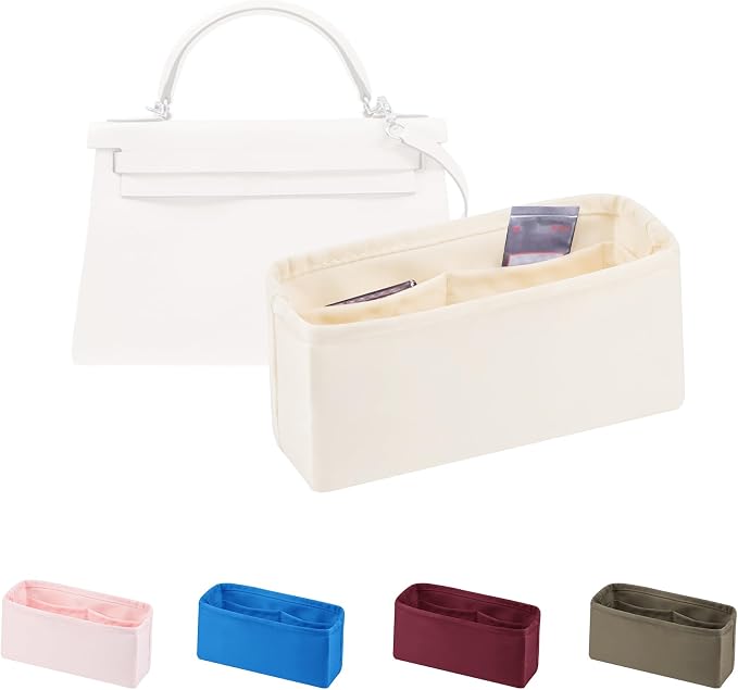 Women's Purse Organizer Insert - Satin & Lightweight Fabric with Inside Pockets, Portable for Commute, Travel, Shopping, and Evening, Multicolor Options, Fits for Kelly Mini II(Craie, Mini II) by KINGSINBAG