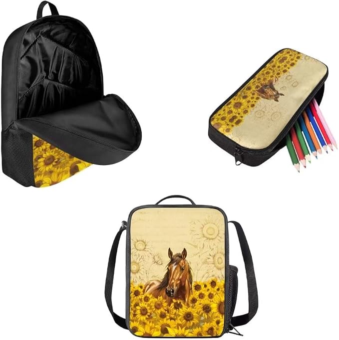 Mumeson Horse Sunflower Print 17" Backpack Kids School Travel Backpacks Satchel Casual Rucksack Daypack for Girls Boys Casual Rucksack Backpack with Lunch Bag Messenger Tote Bag Pencil Bag 3 Pieces - Image 2