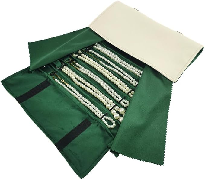 Travel Necklace Organizer, Tangle Free Jewelry Case, 16 Slots | Foldable,LightWeight Compact, Velvet Lining Jewelry Storage Bag for Chain Bracelet, Gift for Women Girls,Gray PU and Green - Image 5