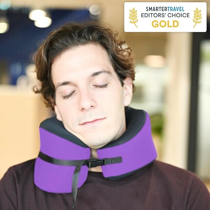 C CUSHION LAB Travel Pillow, Award-Winning Patented Ergonomic Design for Chin & Neck Support Memory Foam Neck Pillow, Compact Airplane Pillow for Traveling, Flight, Car (Royal Purple, Large) - Image 3