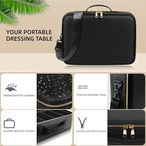15''X11'' Large Capacity Makeup Bag with LED Mirror, Professional Makeup Case Organizer with 3 Color Light Adjustable Brightness, Travel Make up Cosmetic Case with Detachable Dividers & Shoulder Strap - Image 5