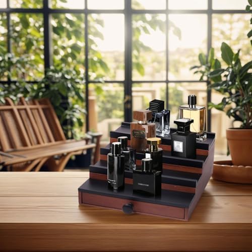 4 Tier Men's Cologne Organizer, Two-Tone Wooden Stand with Drawer Storage | Cologne Shelf and Rack, Perfume Tray, Hidden Storage, Classic Dresser Display, Birthday Christmas Gift for Men - Image 3