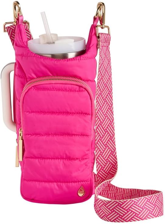 WanderFull Original HydroBag Handle®, Zipper Slot for Handle, 40 oz Water Bottle Holder with Strap - Crossbody Carrier Bag with Phone Pocket, Tumbler Accessories - Pink & Cream Strap by WanderFull