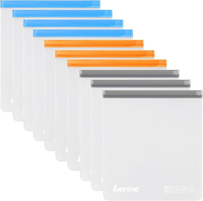 Lerine 10 Pack Reusable 2 Gallon Freezer Bags Dishwasher Safe, Reusable Freezer Bags 2 Gallon 13"x15.6", Leakproof BPA Free Food Storage Bags for Marinate Meats, Home Organization(Multicolor, 2Gallon) by Lerine