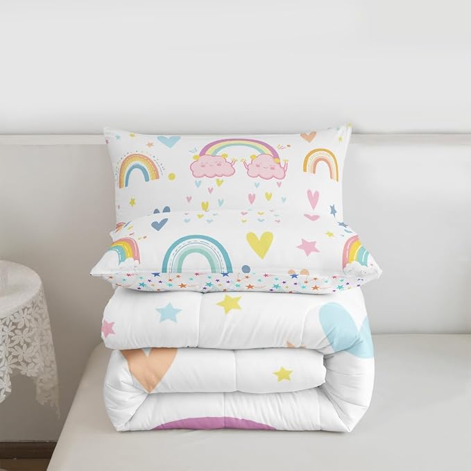 Erosebridal Rainbow Comforter Set 2Pcs, Kawaii Cartoon Cloud Quilt Iridescent Twin for Kids Girls Women Teens, Love Heart Duvet Insert Hand Drawn Style Down Comforter Girly Bedroom Decor,Colorful - Image 7