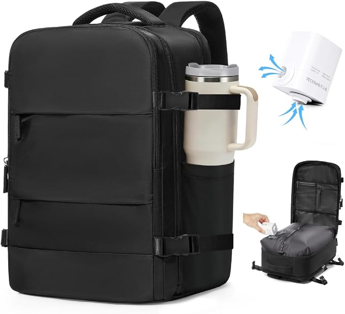 VGCUB Vacuum Backpack Travel with Pump Compression Carry On Bag,Space Saver,Mochila de Viaje Compresión al Vacío Airline Approved Personal Item Vacuum System 18x14x8,Airport Vacpack Daypack Men Women by VGCUB