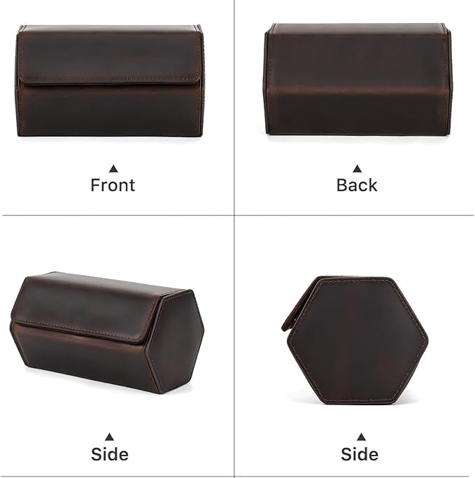 Genuine Leather Watch Roll Travel Case, Vintage Full Grain Leather Hexagon Watches Storage Organizer with Display Removable Pillows & Solid Dividers for Home Storage &Display (2 Slot) - Image 2