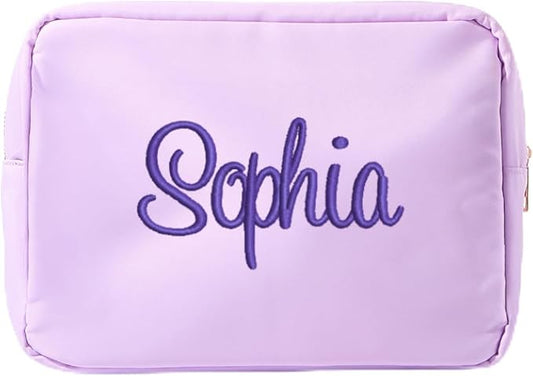 Personalized Nylon Pouch - Large Embroidered Essentials Bag for Women, Makeup, Toiletries, or Travel Organizer, Custom Monogram Gift, Carryall, Mom Bag, Tech Pouch (Lilac, XL) by Sprinkled+With+Pink