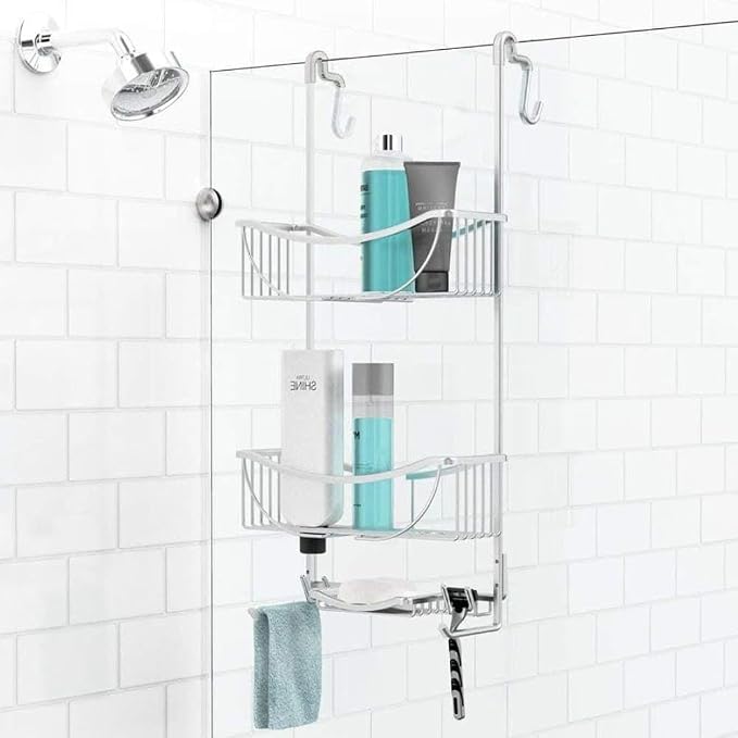 Better Living Products 13634 VENUS 3-Tier Over the Shower Door Caddy, Grey | Rustproof Aluminum Shower Door Organizer, 2 Large Baskets, Built-in Storage Hooks & Soap Dish, Suction Cups, No Drill - Image 4