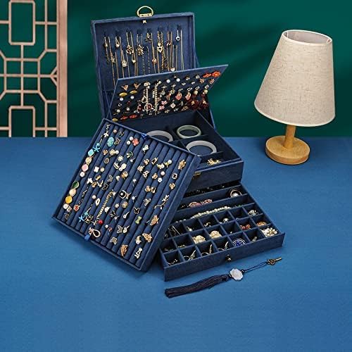 Jewelry Organizer 5 Layers Velvet Square Jewelry Box Women Necklace Ear studs Display Bangles Large Jewelry Storage Case Drawer GY306 (Navy) - Image 2