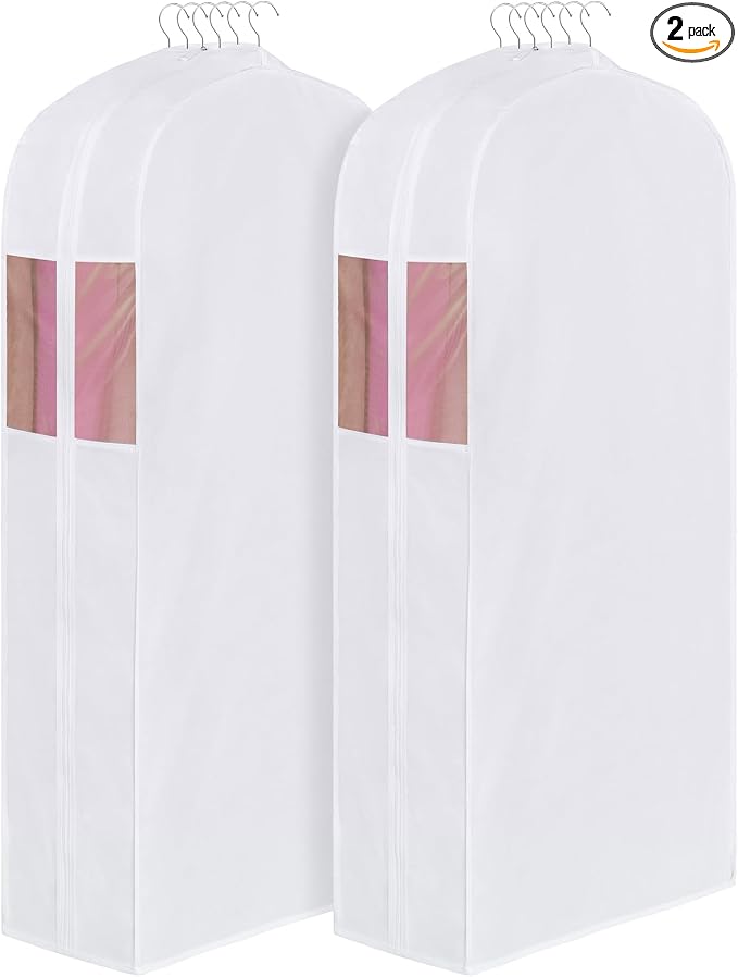 Univivi Premium Cotton Garment Bags for Hanging Clothes and Storage, 60 Inch Washable Dress Bags for Gowns Long, Full Zipper Dust Cover with Extra Large 10" Gusset & Clear Window - 2 Pack by Univivi