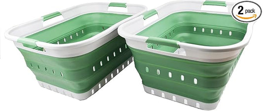 SAMMART 42L (11 gallon) Collapsible Plastic Laundry Basket - Foldable Pop Up Storage Container/Organizer - Portable Basket - Space Saving Hamper/Basket (Grey/Dark Sea Green (Set of 2)) by SAMMART