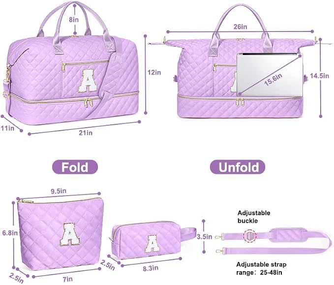 Graduation Birthday Gift for Her, Personalized Initial Weekender Bag for Women 45L Travel Duffle Carry On Quilted, 3PCS Overnight with Cosmetic & Toiletry Bag, Shoe Compartment, Gym Dance Bag for Girl - Image 6