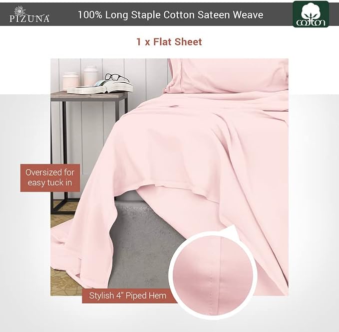 Pizuna Pure 100% Cotton Flat Sheets Only Queen Light Pink (1 PC), Luxurious 400 Thread Count Long Staple Cotton Sateen with 4inch Hem (Combed Queen Flat Sheet Only Cotton) - Image 3