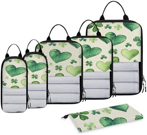 Clover Shamrock Irish St Patrick's Day Compressible Packing Cubes for Suitcase 6 Set Lightweight Expandable Compression Packing Travel Luggage Organizer by BICUUZHI