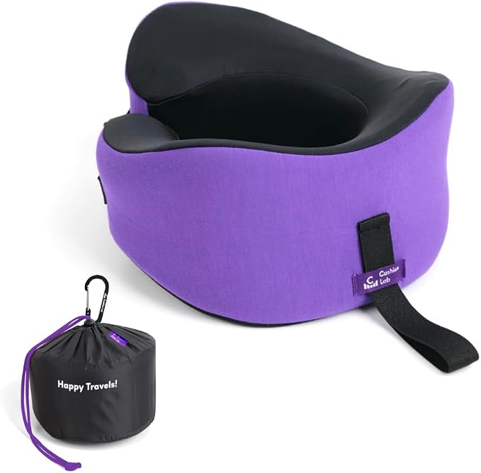 C CUSHION LAB Travel Pillow, Award-Winning Patented Ergonomic Design for Chin & Neck Support Memory Foam Neck Pillow, Compact Airplane Pillow for Traveling, Flight, Car (Royal Purple, Large) - Image 2