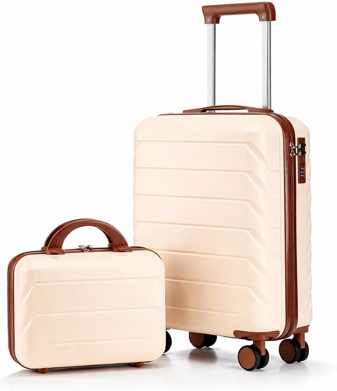 Gradient Color Suitcase 2-Piece Set, 20" Rotating Wheel Suitcase with 14" Cosmetic Case, Lightweight Durable Hardshell Luggage with 360° Spinner Wheels for Travel, Women & Girls (Beige) by Unknown