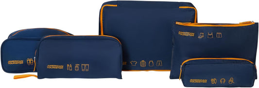 American Tourister Packing Cube Set 5 Pieces - Travel Organiser & Suitcase for Clothes, Shoes and Accessories, Luggage Organiser for Suitcases and Hand Luggage, Dark Blue/Orange by AmericanTourister