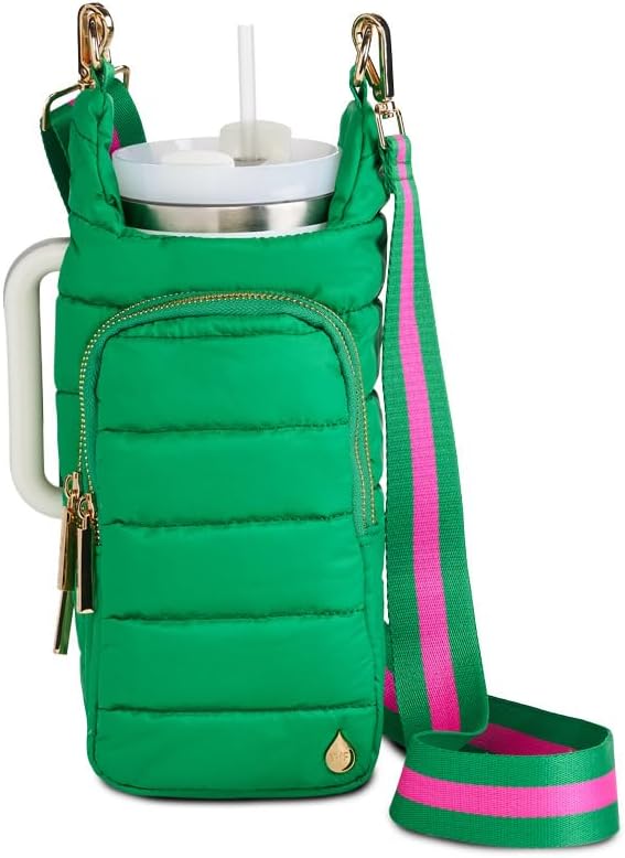 WanderFull Original HydroBag Handle® | Large Water Bottle Holder with Strap & Zipper Slot for Handle | Crossbody Tumbler Carrier Bag with Organizer Pockets | Kelly Green, Pink & Green Striped Strap by WanderFull