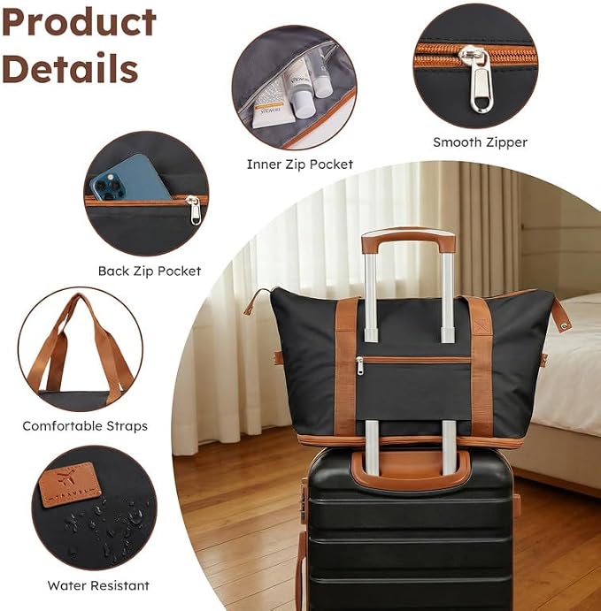 Suitour Luggage Sets 5 Piece, 20, 24, 28 inch Hardside Carry-on and Checked Suitcase Set with Expandable Travel Duffle Bag Sets（Black Tan） - Image 3