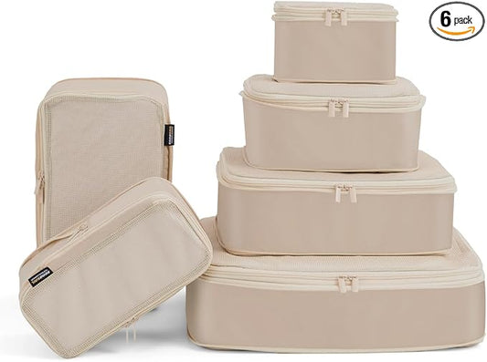 Compression Packing Cubes for Travel, 6-Piece Set (Large/Medium/Small), Double-Zip Luggage Organizers for Suitcase & Carry-On, Clothes Storage Bags (Classic Khaki, 6 Pack) by SOARSAIL