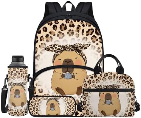 Children's Capybara Cheetah School Bookbag Travel Backpack Schoolbag Set with Brown Hiking Daypack Shoulder Crossbody Book Bags Lunch Tote Box Water Bottle Pouch Pencil Pen Case Bag by Jndtueit