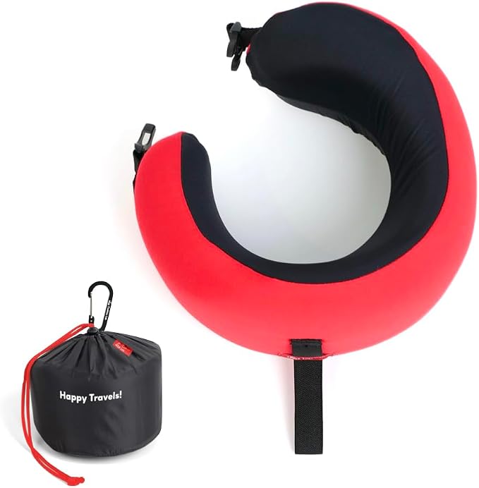 C CUSHION LAB Travel Pillow, Award-Winning Patented Ergonomic Design for Chin & Neck Support Memory Foam Neck Pillow, Compact Airplane Pillow for Traveling, Flight, Car (Bold Red, Medium) by CUSHIONLAB