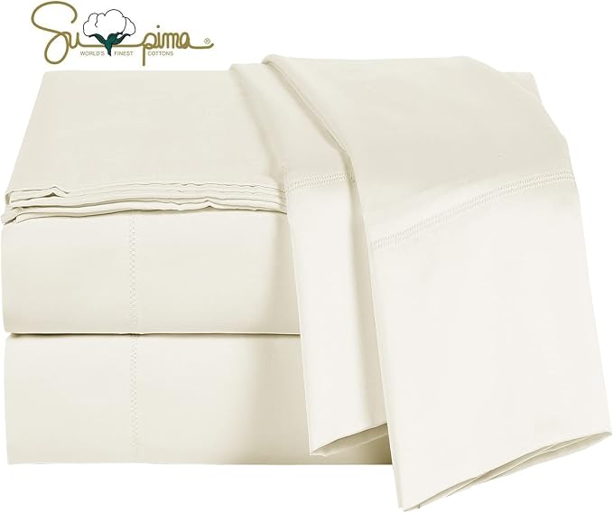 100% Supima Cotton Sheets 600 Thread Count,Bed Sheet Set King Size Sheets 4 Pieces,Soft & Silky Sateen Weave, Fits Mattress Up to 18",Deep Pocket, Breathable & Fade Resistant(Ivory,King) by ELINEN