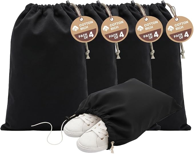 LFH Cotton Rich Shoe Storage Bags with Drawstring, Dustproof Breathable Reusable Organizer, Perfect For Travel, Dorm, Hotel, College, Gym, Machine Washable 12"x17" (Pack of 4) - Black sand by LFHHomePrivateLimited