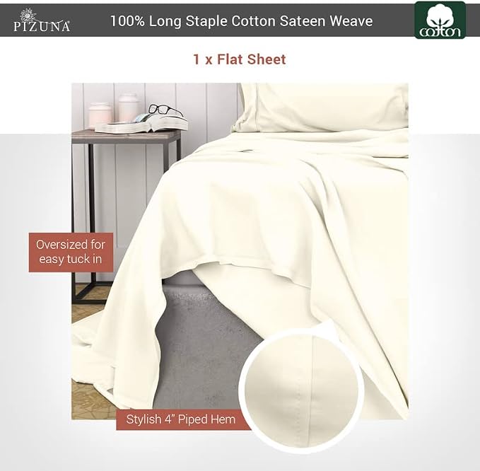 Pizuna Pure 100% Cotton Flat Sheets Only Queen Ivory (1 PC), Luxurious 400 Thread Count Long Staple Cotton Sateen with 4inch Hem (Combed Queen Flat Sheet Only Cotton) - Image 3