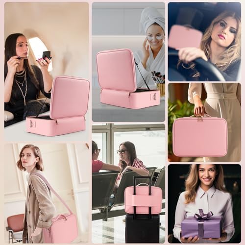 15''X11'' Large Capacity Makeup Bag with LED Mirror, Professional Makeup Case Organizer with 3 Color Light Adjustable Brightness, Travel Make up Cosmetic Case with Detachable Dividers & Shoulder Strap - Image 6