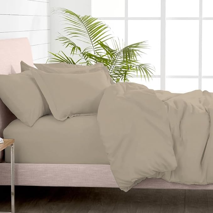 Pizuna 100% Cotton Queen 1 Pc Duvet Cover + 1 Pc Fitted Sheet Set 400 Thread Count Simply Taupe Sateen Weave Luxurious Long Staple Cotton 4 Pc Bedding Set-1 Duvet Cover,2 Pillow Shams,1 Fitted Sheet by Pizuna
