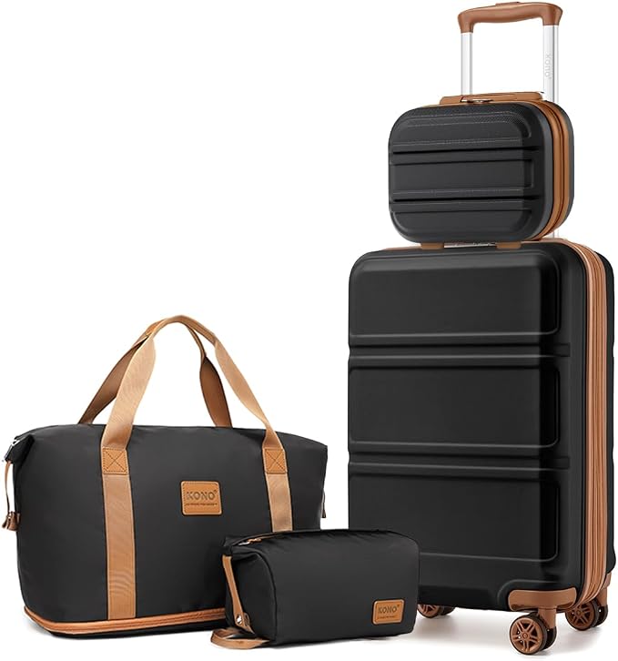 Kono Luggage Set 4 Piece Carry On Hardside Luggage with Spinner Wheels | Lightweight PC+ABS Carry On Suitcase with TSA Lock Apricot Black by Kono