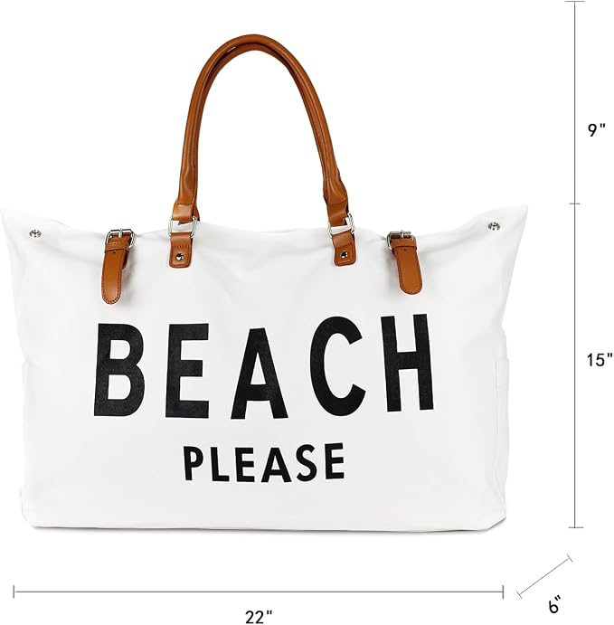 Lamyba Beach Bag with Vegan Leather Handle, Extra Large Beach Bag for Women Waterproof Sandproof, White | with Vegan Leather Handle - Image 5